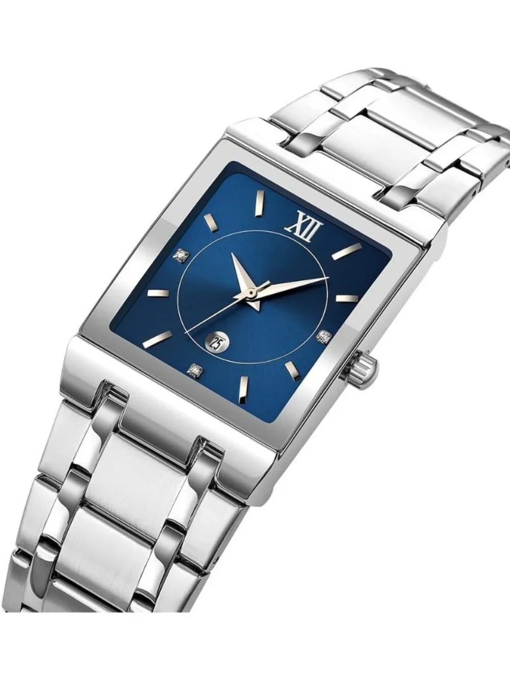 Men's Silver Blue Square Dial Waterproof Analog Quartz Stainless Steel Watches